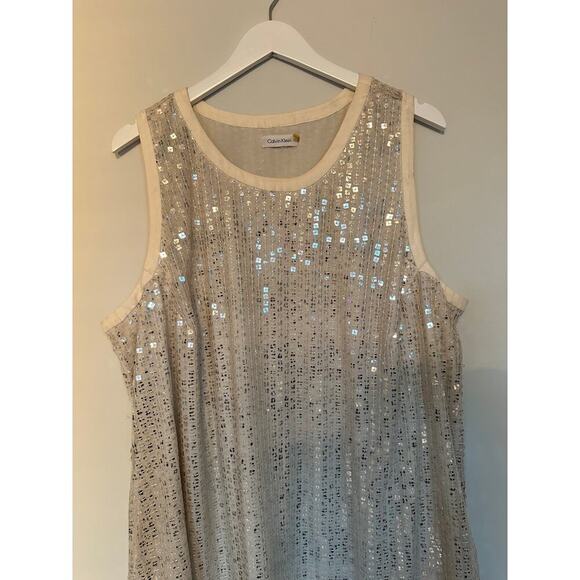 Calvin Klein Size 10 Cream Gold Sequin Tank Mini Dress Cocktail Party Birthday - Picture 4 of 10
